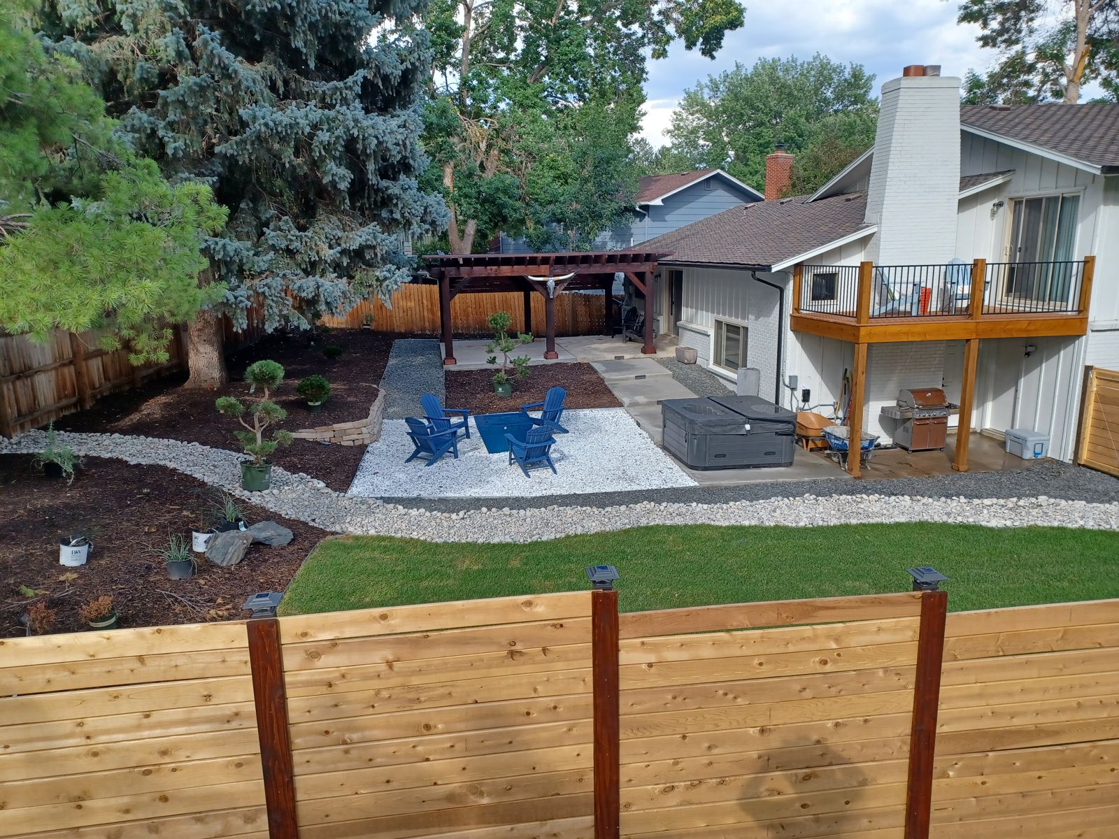 Backyard remodel with horizontal fence, turf and pergola in Westminster, CO